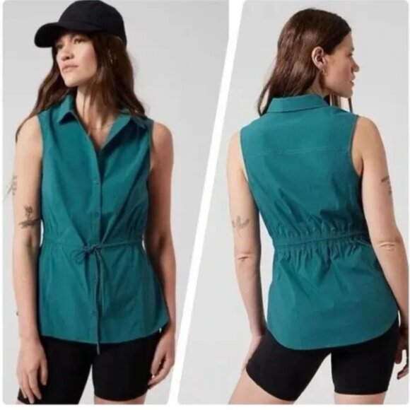 Athleta‎ Levitate Poplin Sleeveless Tank Borealis Green Cinched Tie Waist Size S - Picture 1 of 13
